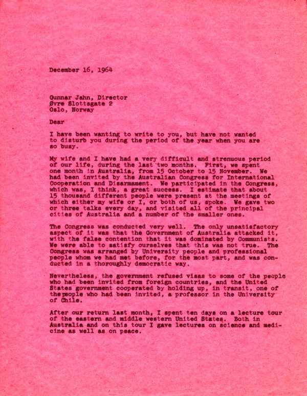 Letter from Linus Pauling to Gunnar Jahn. Page 1. December 16, 1964