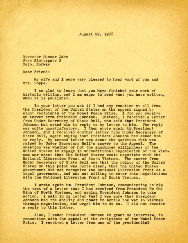 Letter from Linus Pauling to Gunnar Jahn. Page 1. August 22, 1966