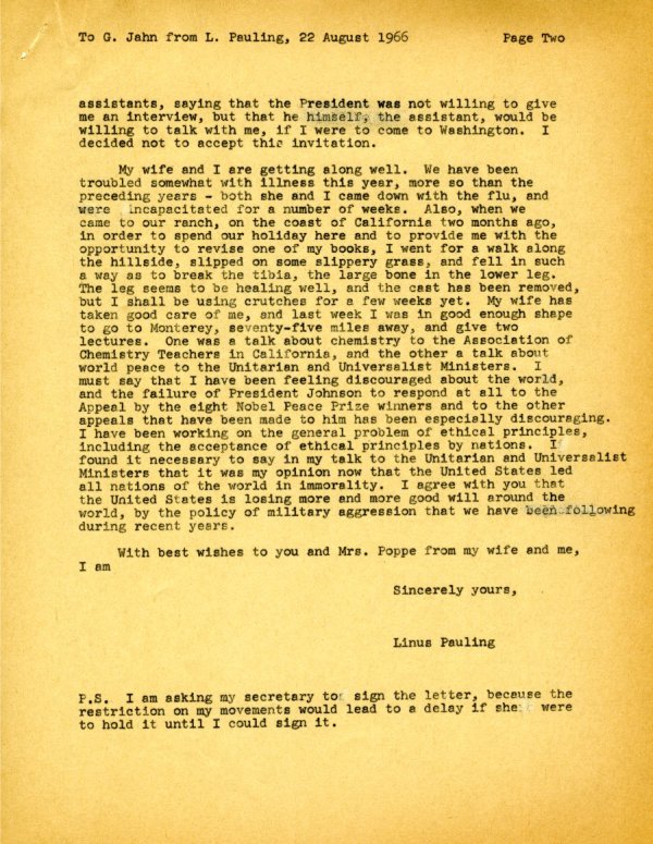 Letter from Linus Pauling to Gunnar Jahn. Page 2. August 22, 1966