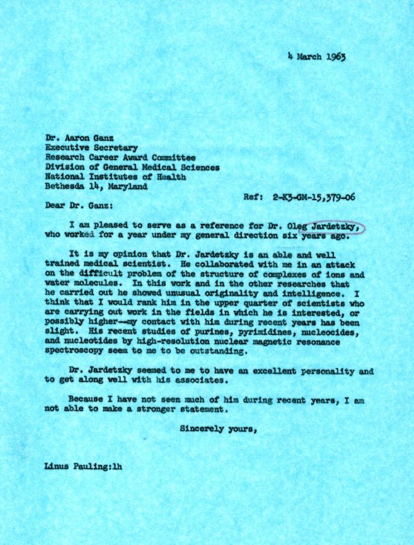 Letter from Linus Pauling to Aaron Ganz. Page 1. March 4, 1963
