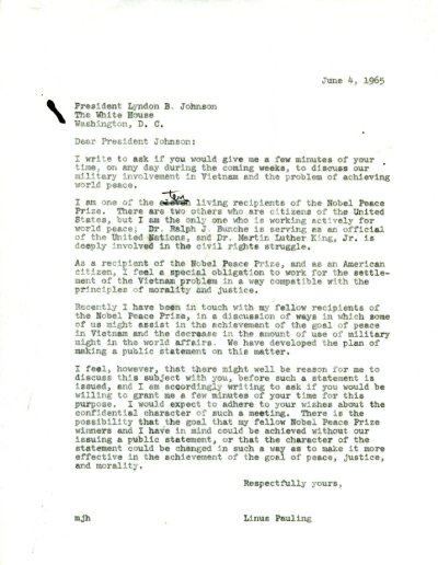Letter from Linus Pauling to Lyndon B. Johnson. Page 1. June 4, 1965