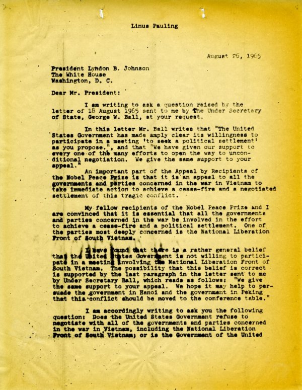 Letter from Linus Pauling to Lyndon B. Johnson. Page 1. August 26, 1965