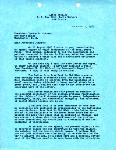 Letter from Linus Pauling to Lyndon B. Johnson. Page 1. December 2, 1965