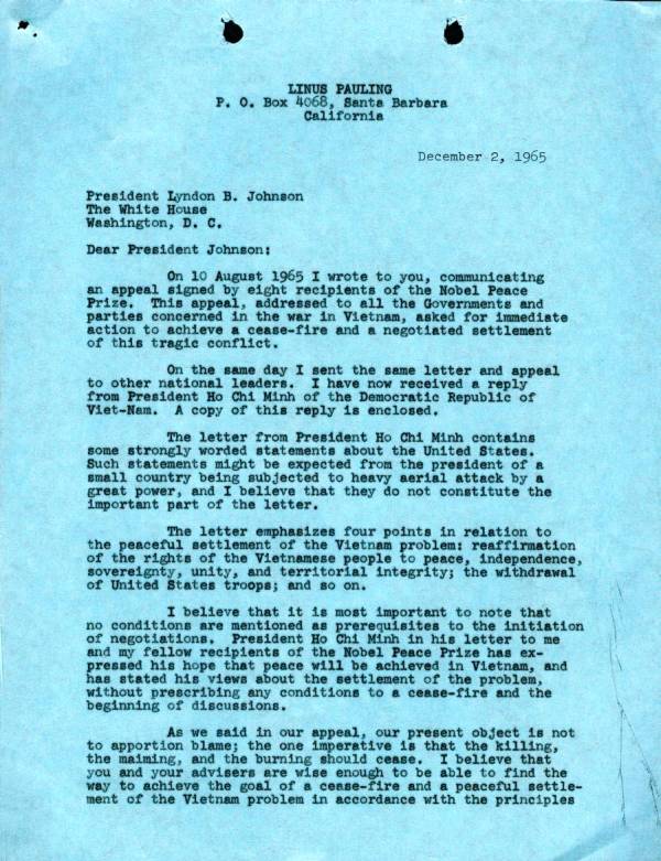 Letter from Linus Pauling to Lyndon B. Johnson. Page 1. December 2, 1965