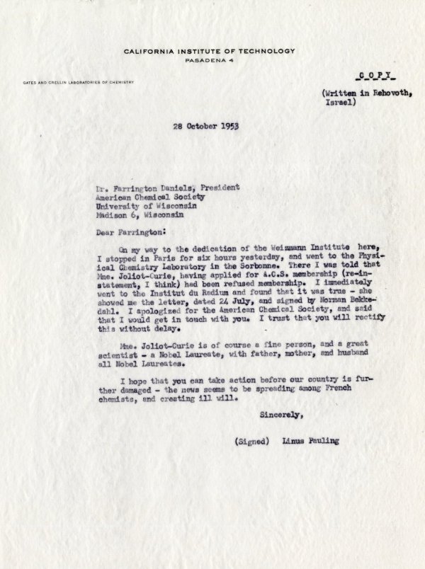 Letter from Linus Pauling to Farrington Daniels. Page 1. October 28, 1953