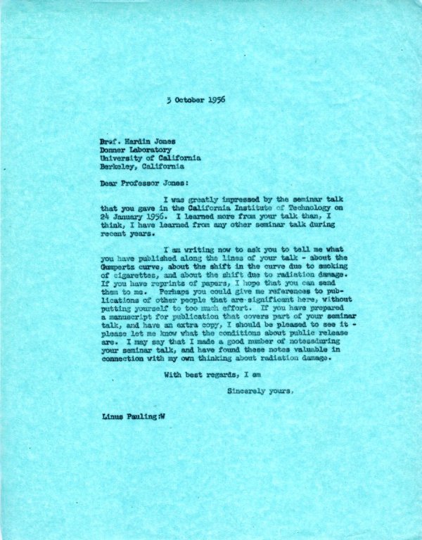 Letter from Linus Pauling to Hardin Jones. Page 1. October 3, 1956