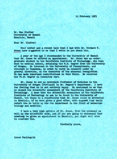 Letter from Linus Pauling to Max Kleiber. Page 1. February 11, 1963