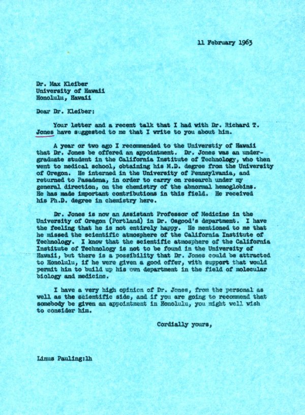 Letter from Linus Pauling to Max Kleiber. Page 1. February 11, 1963