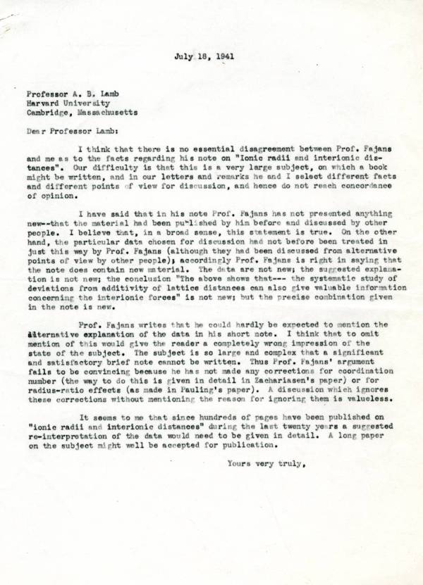 Letter from Linus Pauling to Arthur B. Lamb. Page 1. July 18, 1941