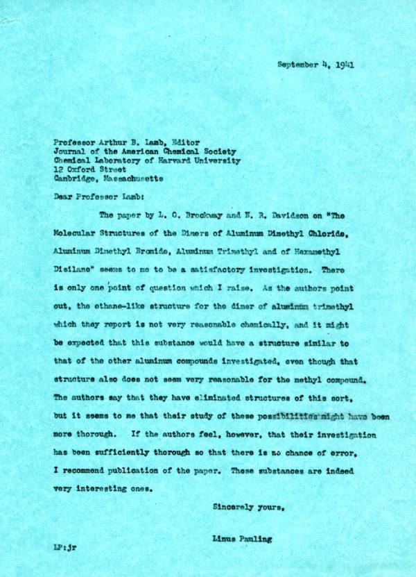 Letter from Linus Pauling to Arthur B. Lamb. Page 1. September 4, 1941