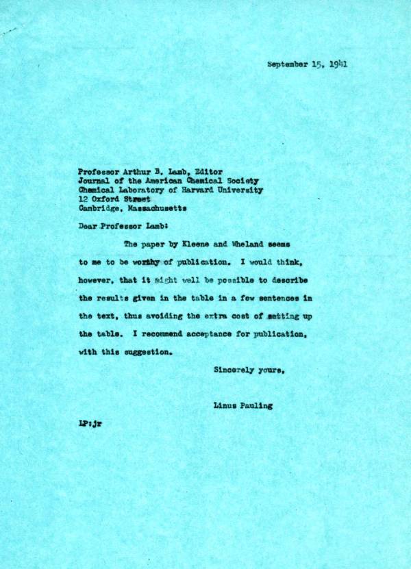 Letter from Linus Pauling to Arthur B. Lamb. Page 1. September 15, 1941