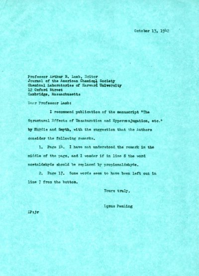 Letter from Linus Pauling to Arthur B. Lamb. Page 1. October 13, 1942