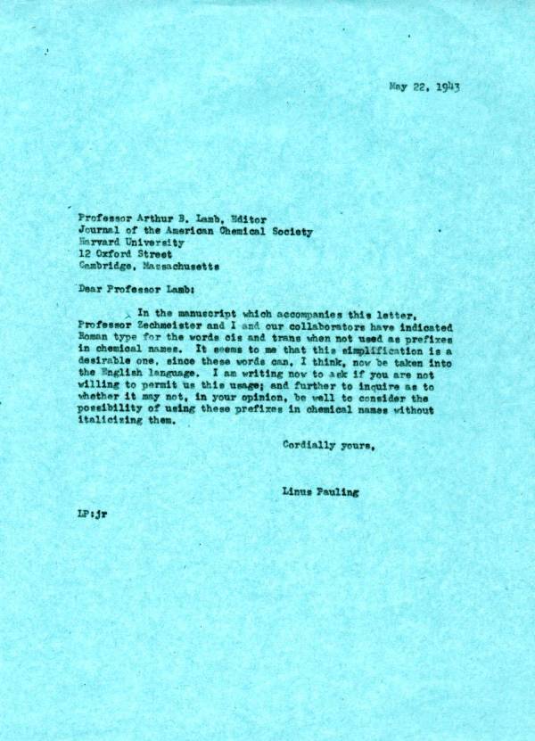 Letter from Linus Pauling to Arthur B. Lamb. Page 1. May 22, 1943