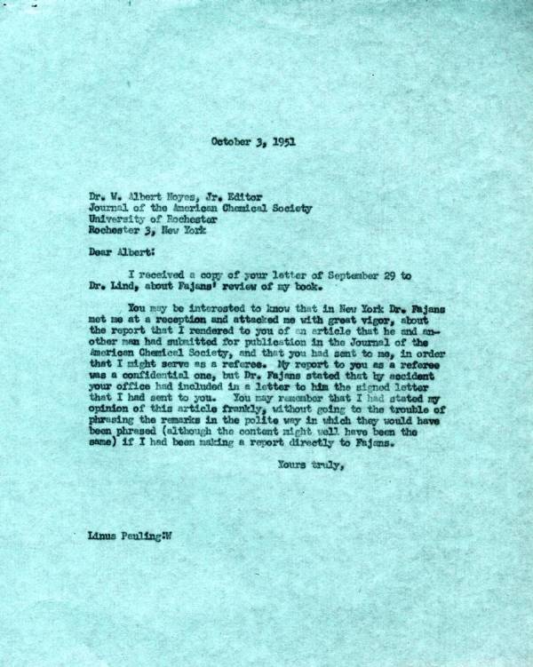 Letter from Linus Pauling to W. Albert Noyes, Jr., Journal of the American Chemical Society. Page 1. October 3, 1951