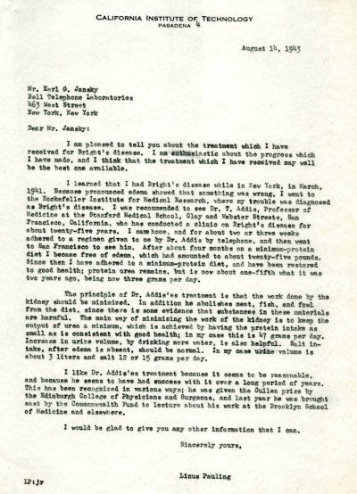 Letter from Linus Pauling to Karl G. Janksy. Page 1. August 14, 1943