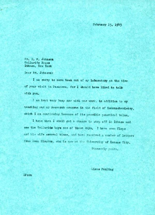 Letter from Linus Pauling to E.M. Johnson. Page 1. February 15, 1943