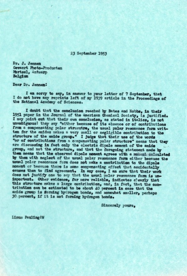 Letter from Linus Pauling to J. Jennen. Page 1. September 23, 1953