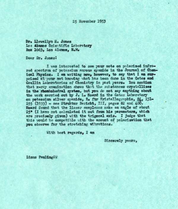 Letter from Linus Pauling to Llewellyn H. Jones. Page 1. November 25, 1953