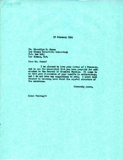 Letter from Linus Pauling to Llewellyn H. Jones. Page 1. February 17, 1954