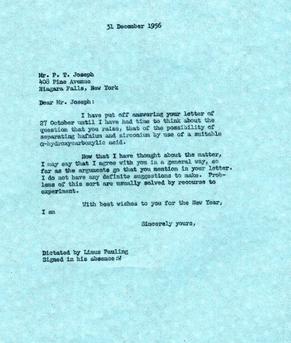 Letter from Linus Pauling to P.T. Joseph. Page 1. December 31, 1956