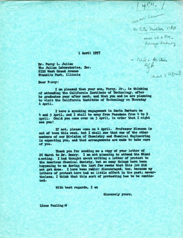 Letter from Linus Pauling to Percy Julian. Page 1. April 1, 1957