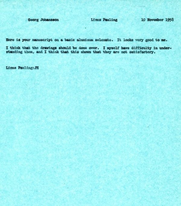 Letter from Linus Pauling to Georg Johansson. Page 1. November 10, 1958