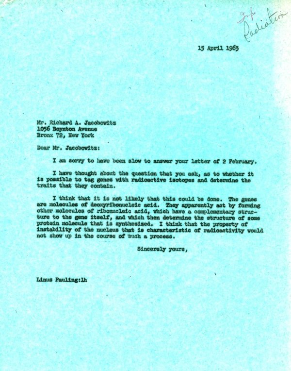 Letter from Linus Pauling to Richard A. Jacobwitz. Page 1. April 15, 1963