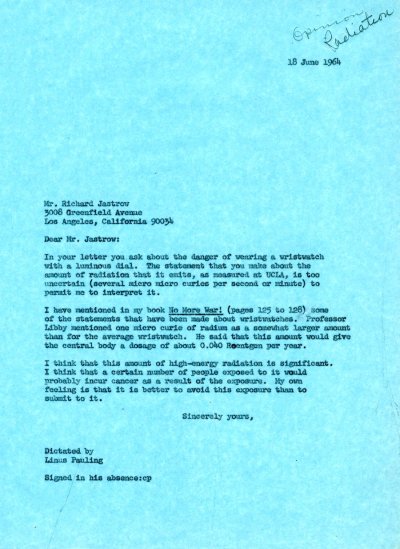 Letter from Linus Pauling to Richard Jastrow. Page 1. June 18, 1964