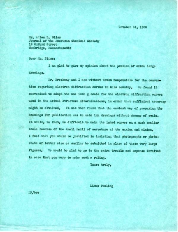 Letter from Linus Pauling to Allen D. Bliss. Page 1. October 31, 1938