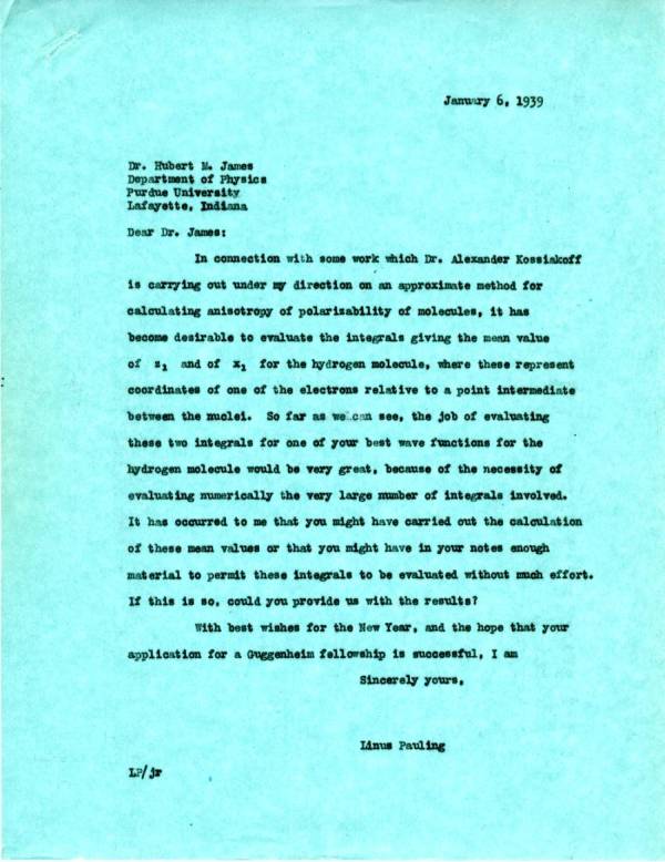 Letter from Linus Pauling to Hubert M. James. Page 1. January 6, 1939