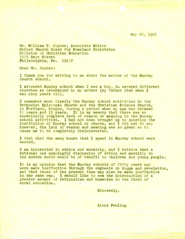 Letter from Linus Pauling to William T. Joyner. Page 1. May 26, 1966