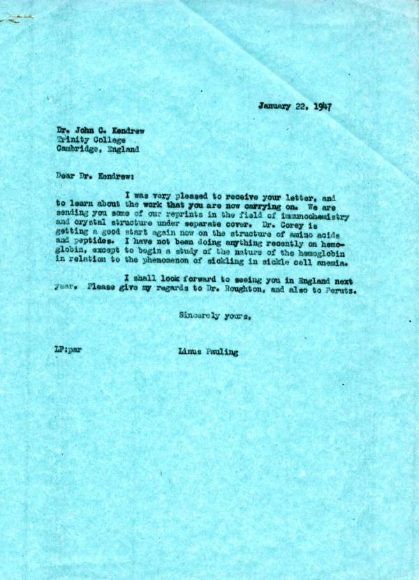 Letter from Linus Pauling to John C. Kendrew. Page 1. January 22, 1947