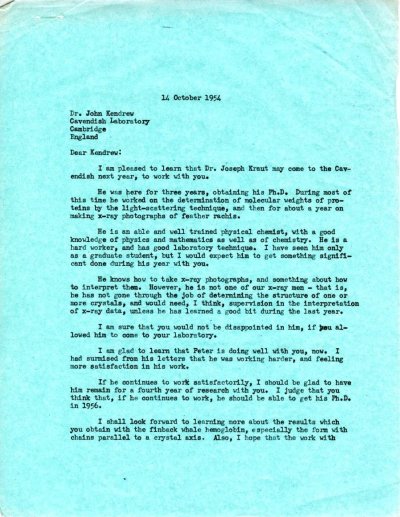 Letter from Linus Pauling to John C. Kendrew. Page 1. October 14, 1954