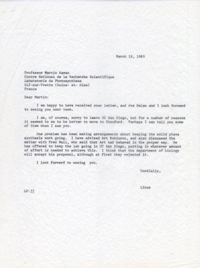 Letter from Linus Pauling to Martin Kamen. Page 1. March 18, 1969
