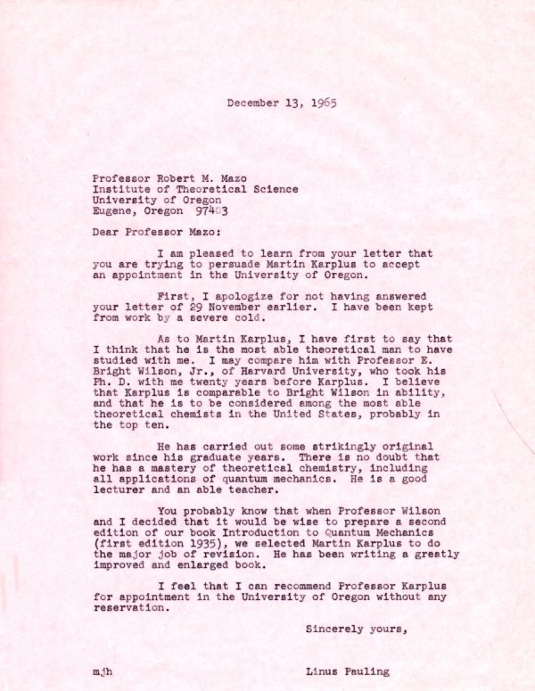 Letter from Linus Pauling to Robert Mazo. Page 1. December 13, 1965