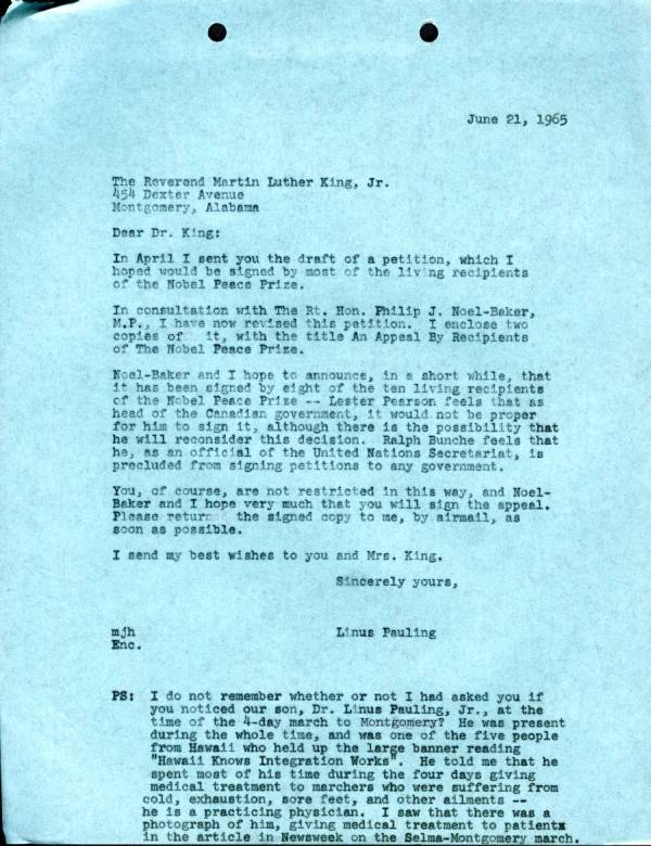 Letter from Linus Pauling to Martin Luther King, Jr. Page 1. June 21, 1965