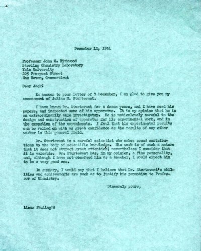Letter from Linus Pauling to John G. Kirkwood. Page 1. December 12, 1951