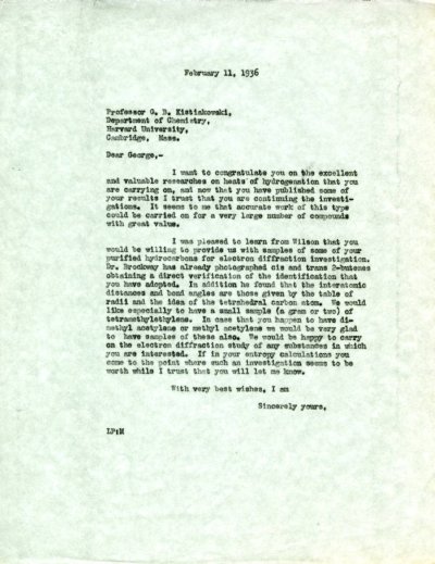 Letter from Linus Pauling to George B. Kistiakowsky. Page 1. February 11, 1936