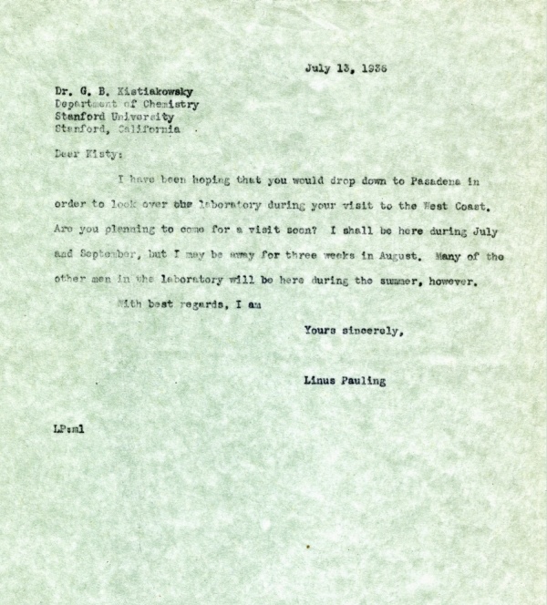 Letter from Linus Pauling to George B. Kistiakowsky. Page 1. July 13, 1936