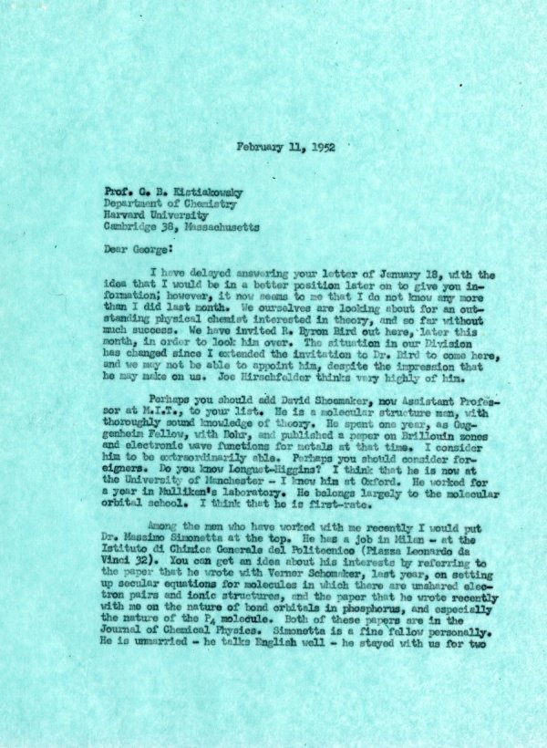 Letter from Linus Pauling to George B. Kistiakowsky. Page 1. February 11, 1952