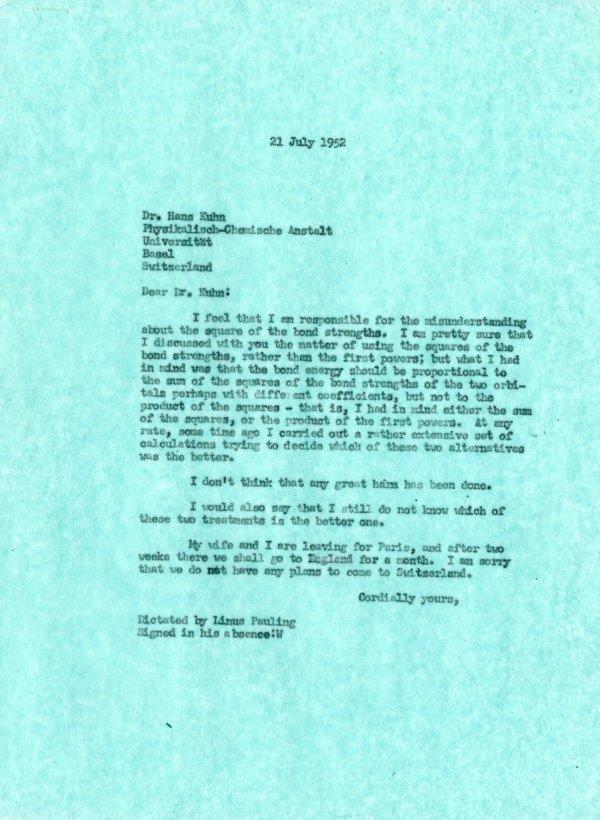 Letter from Linus Pauling to Hans Kuhn. Page 1. July 21, 1952