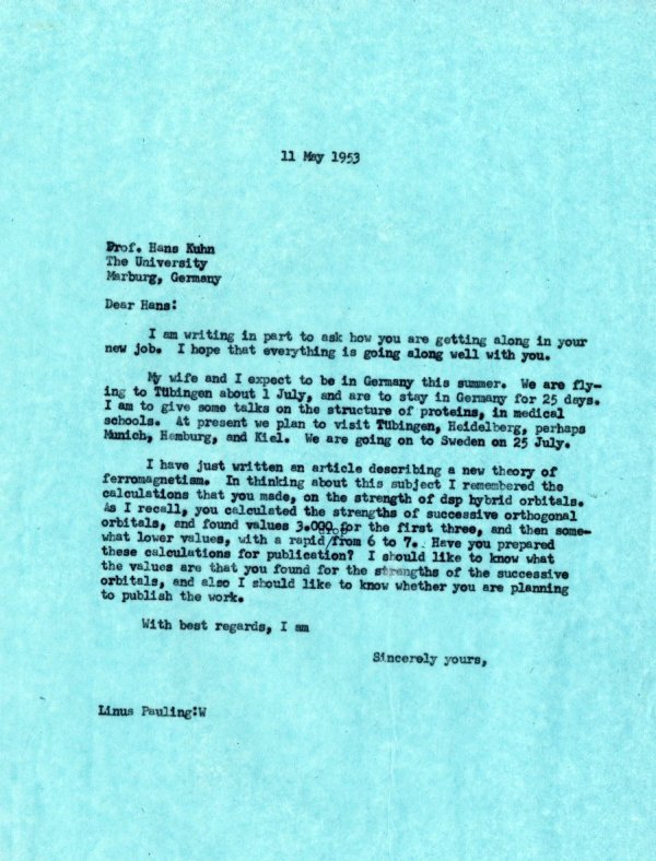 Letter from Linus Pauling to Hans Kuhn. Page 1. May 11, 1953