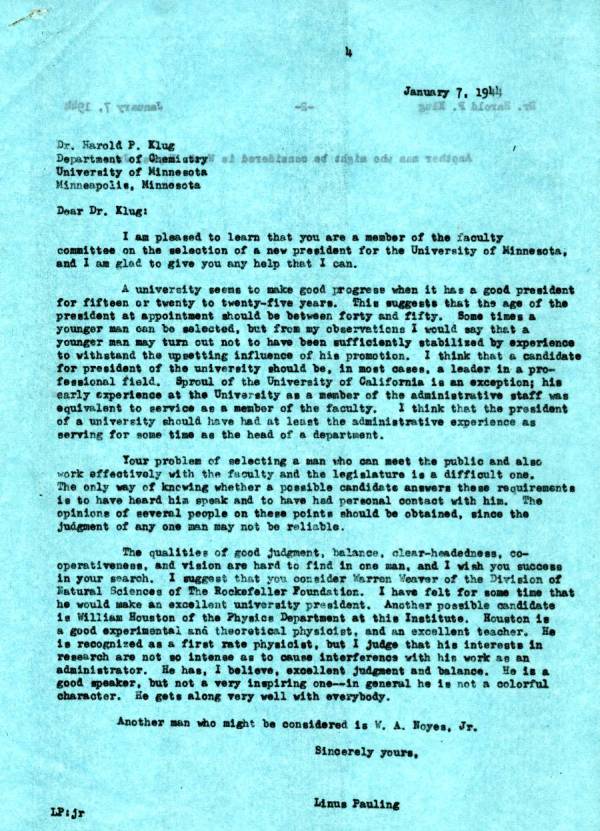 Letter from Linus Pauling to Harold P. Klug. Page 1. January 7, 1944