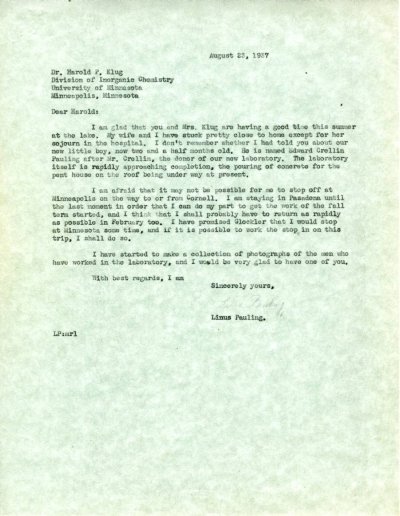 Letter from Linus Pauling to Harold P. Klug. Page 1. August 23, 1937