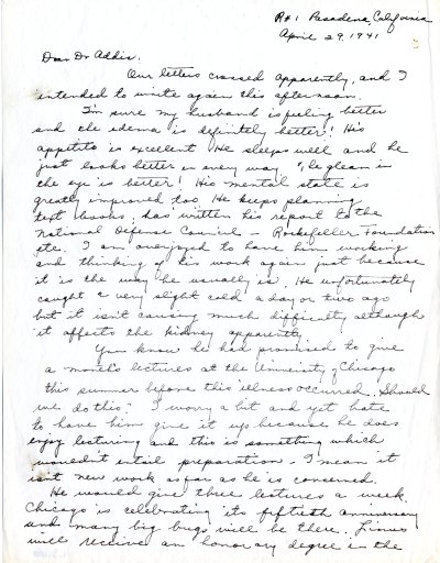 Letter from Ava Helen Pauling to Thomas Addis. Page 1. April 29, 1941