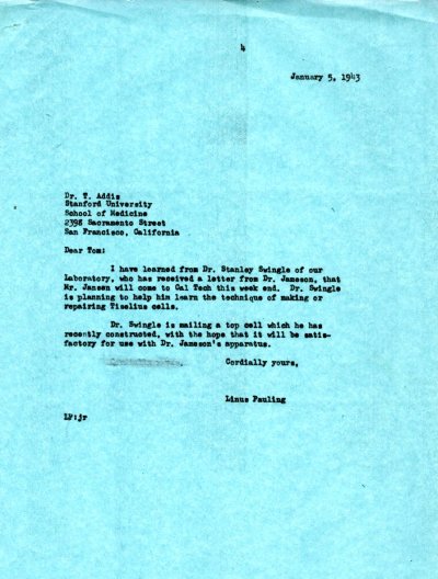 Letter from Linus Pauling to Thomas Addis. Page 1. January 5, 1943
