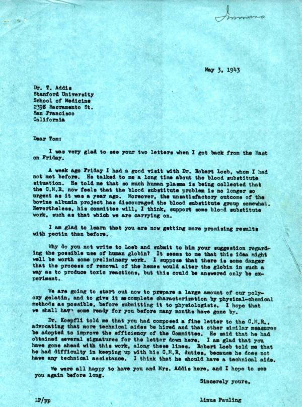 Letter from Linus Pauling to Thomas Addis. Page 1. May 3, 1943
