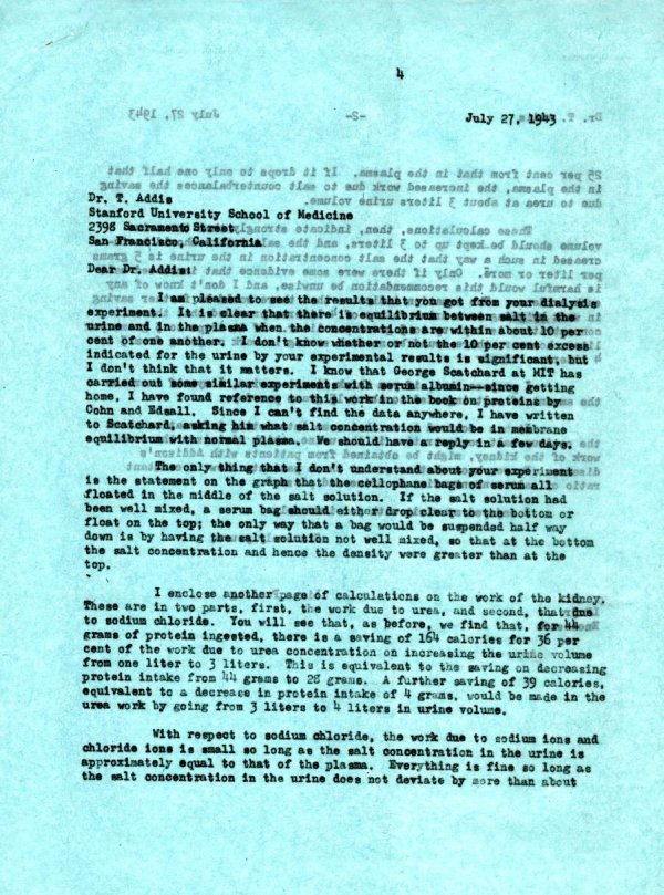 Letter from Linus Pauling to Thomas Addis. Page 1. July 27, 1943