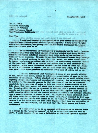 Letter from Linus Pauling to Thomas Addis. Page 1. December 29, 1943