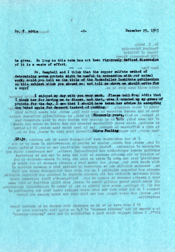 Letter from Linus Pauling to Thomas Addis. Page 2. December 29, 1943